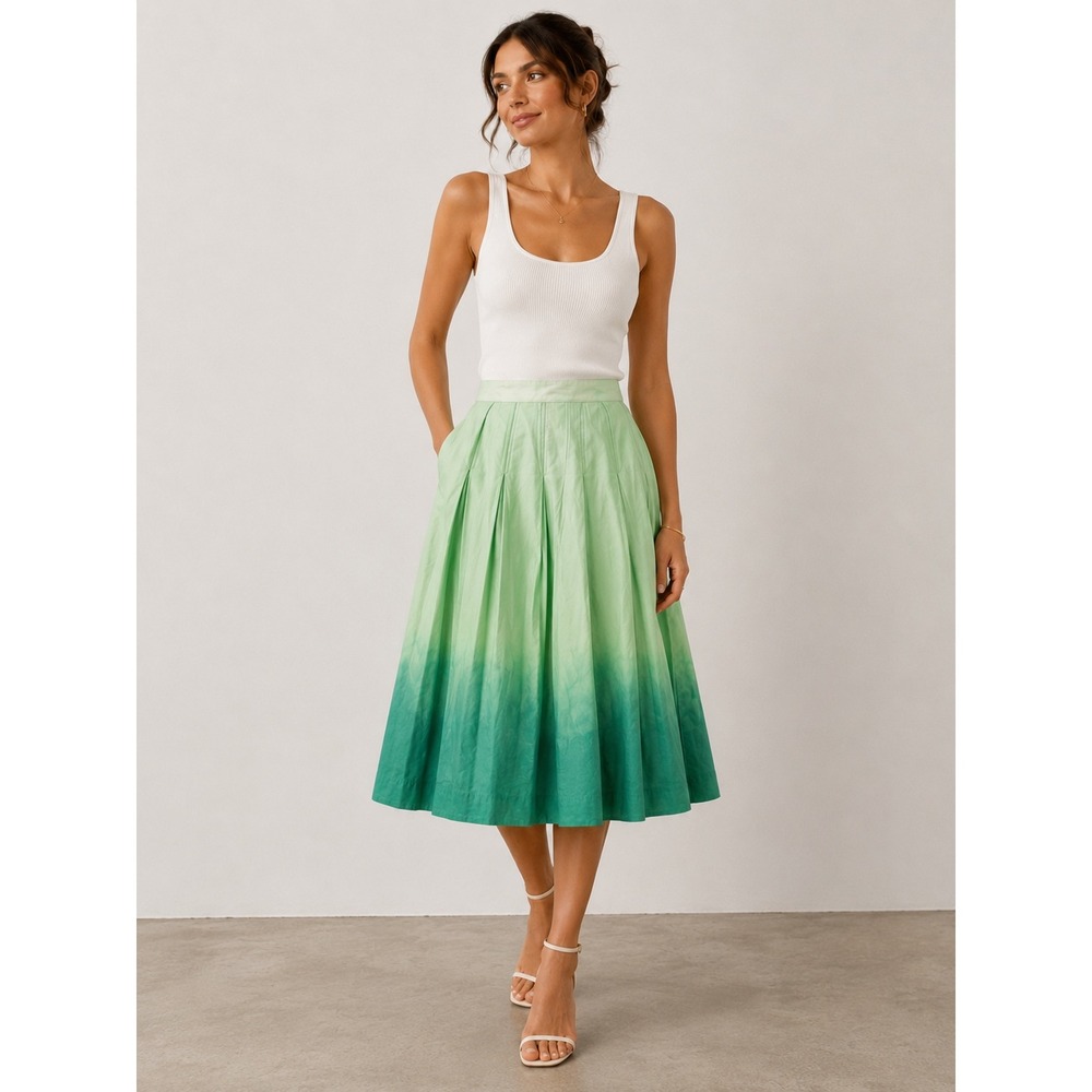 Theory Marbella Skirt Size 4 Green Ombre Pleated Cotton Midi A-Line Cotton #39